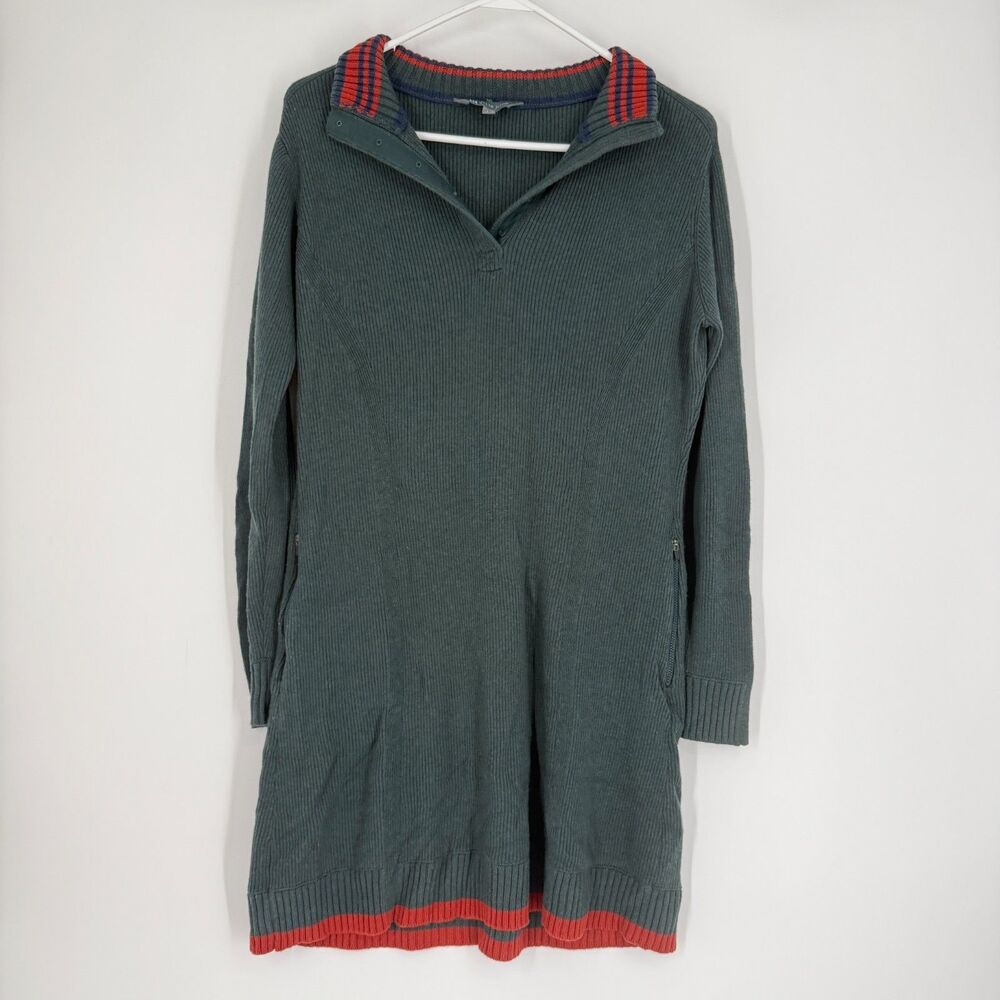 Title Nine Sweater Dress Merino Wool Blend Henley Size L Green Ribbed Outdoor